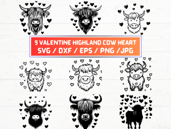 Valentine Highland Cow Heart SVG Bundle Graphics for Crafts